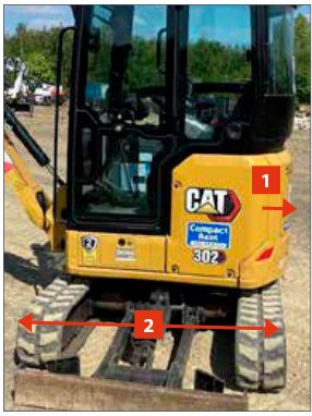 CAT 302CR — Tagaosa üleulatus ja laius